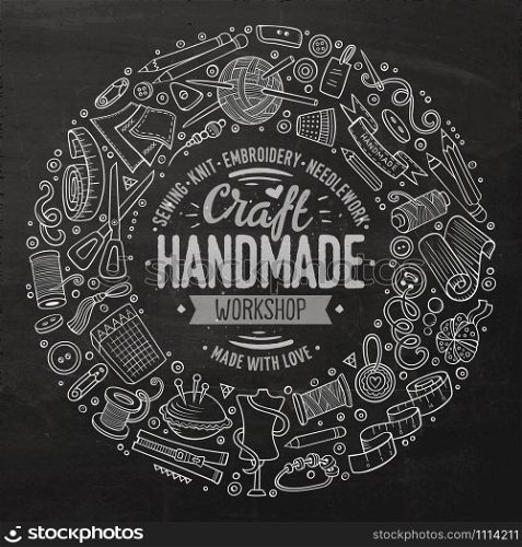 Line art chalkboard vector hand drawn set of Handmade cartoon doodle objects, symbols and items. Round frame composition. Set of Handmade cartoon doodle objects, symbols and items