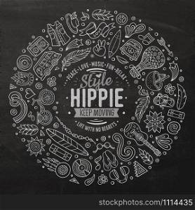 Line art chalkboard vector hand drawn set of Hippie cartoon doodle objects, symbols and items. Round frame composition. Set of Hippie cartoon doodle objects, symbols and items