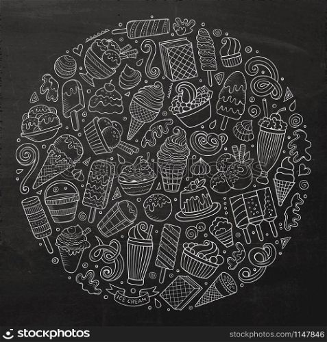 Line art chalkboard vector hand drawn set of Ice Cream cartoon doodle objects, symbols and items. Round composition. Set of Ice Cream cartoon doodles objects