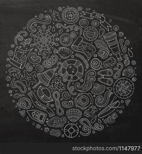 Line art chalkboard vector hand drawn set of Marine, Nautical cartoon doodle objects, symbols and items. Round form composition. Set of Marine, Nautical cartoon objects