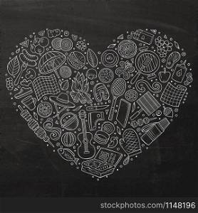Line art chalkboard vector hand drawn set of Picnic cartoon doodle objects, symbols and items. Heart form composition. Set of Picnic cartoon doodle objects