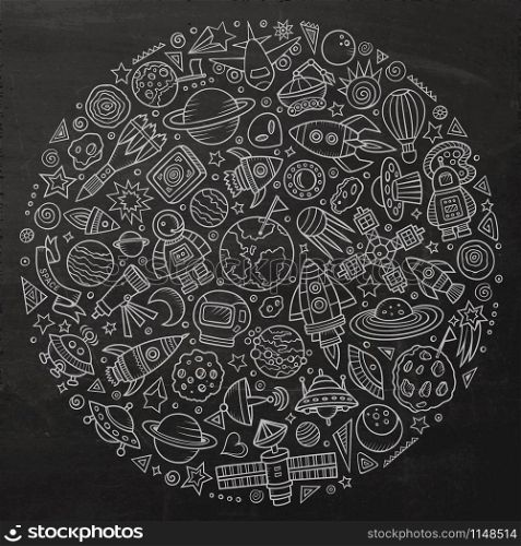 Line art chalkboard vector hand drawn set of Spacel cartoon doodle objects, symbols and items. Round composition. Set of Spacel cartoon doodle objects