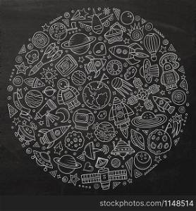 Line art chalkboard vector hand drawn set of Spacel cartoon doodle objects, symbols and items. Round composition. Set of Spacel cartoon doodle objects