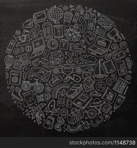 Line art chalkboard vector hand drawn set of Travel cartoon doodle objects, symbols and items. Round composition. Line art chalkboard vector hand drawn set of Travel cartoon dood