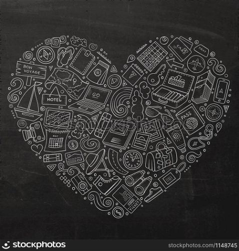 Line art chalkboard vector hand drawn set of Travel cartoon doodle objects, symbols and items. Heart form composition. Vector doodle set of travel theme items