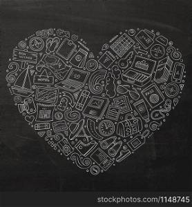 Line art chalkboard vector hand drawn set of Travel cartoon doodle objects, symbols and items. Heart form composition. Vector doodle set of travel theme items
