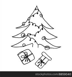 Line art Christmas tree and gifts on the white backgraund. Coloring page Vector illustration. Pattern for coloring, icons and website design, also suitable for print and covers.. Line art Christmas tree and gifts on the white backgraund. Coloring page Vector illustration.