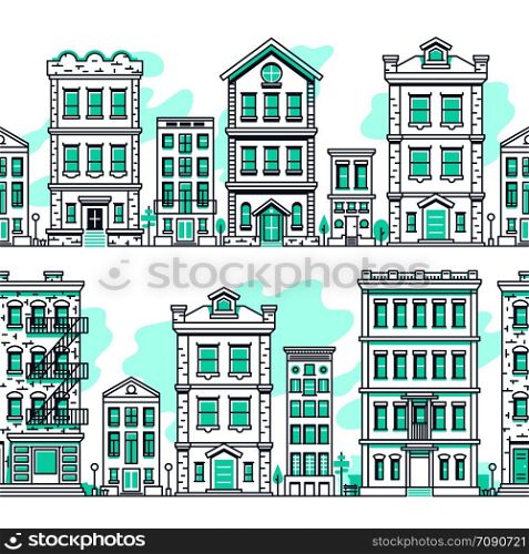 Line art city seamless landscapes. Outline housing, real estate market vector background. House building architecture, urban town street illustration. Line art city seamless landscapes. Outline housing, real estate market vector background