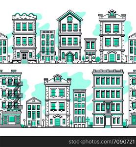 Line art city seamless landscapes. Outline housing, real estate market vector background. House building architecture, urban town street illustration. Line art city seamless landscapes. Outline housing, real estate market vector background