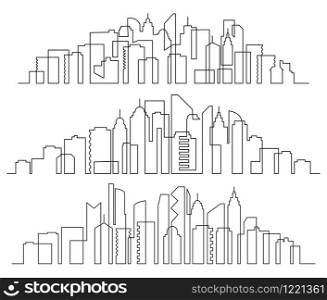 Line art cityscape. Town buildings horizontal panorama, city skyscrapers and modern urban silhouette vector set. Collection of outlines of megalopolis. Business area, downtown drawn with contours.. Line art cityscape. Town buildings horizontal panorama, city skyscrapers and modern urban silhouette vector set