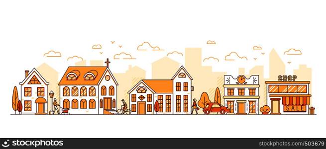 Line art, cityscape, town street with houses, church and shop, trees and clouds, people walking with dog, riding bicycle, everyday life, vector illustration. Line art, cityscape, town street with houses, church and shop