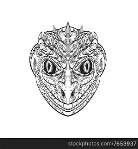 Line art drawing illustration head of a reptilian humanoid or anthropomorphic reptile, legendary creature in myth and folklore part human part lizard done in monoline tattoo style black and white.. Head of a Reptilian Humanoid or Anthropomorphic Reptile Part Human Part Lizard Line Art Drawing