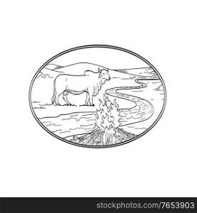 Line art drawing illustration of a Brahman bull, an American breed of zebuine beef cattle with winding river or creek, mountain range and campfire done in monoline tattoo style black and white.. Brahman Bull Standing with Winding River or Creek Mountain Range and Campfire Line Art Drawing Tattoo Style Black and White