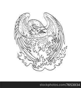 Line art drawing illustration of a phoenix, a mythological bird that cyclically regenerates or is otherwise born again, on fire viewed from front done in monoline tattoo style black and white.. Phoenix a Mythological Bird That Cyclically Regenerates on Fire Front View Line Art Drawing Black and White