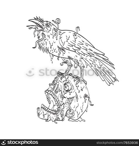 Line art drawing illustration of a raven perching on top of human skull that is dripping with earthworm or borrowing worm done in monoline tattoo style black and white.. Raven Perching on Top of Human Skull Dripping with Earthworm or Borrowing Worm Line Art Drawing