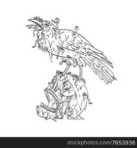 Line art drawing illustration of a raven perching on top of human skull that is dripping with earthworm or borrowing worm done in monoline tattoo style black and white.. Raven Perching on Top of Human Skull Dripping with Earthworm or Borrowing Worm Line Art Drawing