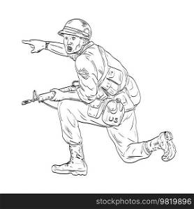 Line art drawing illustration of an American Vietnam War soldier with rifle kneeling pointing forward looking at viewer done in medieval style on isolated background.   SVG can be used for banners, cards, patterns, scrapbooking, party invitations, covers, accessories, birthdays, design and MORE   In this set, the zip download includes     SVG vector file for Silhouette Studio Cameo, Cricut and others    PNG file   300dpi Size  at least 10 inches or bigger      DXF file    EPS file    JPG file  With a variety of file types to download, you have what you need no matter the project. Create your own T-shirts, Mugs, Stencils, wall art, greeting cards and much, much more.. American Vietnam War Soldier with Rifle Kneeling Pointing Medieval Style Line Art Drawing 
