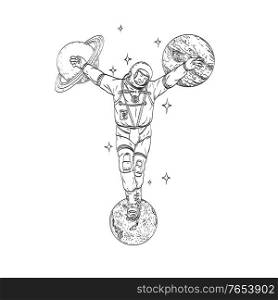 Line art drawing illustration of an astronaut or cosmonaut wearing spacesuit crucified on planet Saturn, Jupiter and the moon with stars in background done in monoline tattoo style black and white.. Astronaut Wearing Spacesuit Crucified on Planet Saturn Jupiter and Moon Line Art Drawing