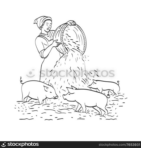 Line art drawing illustration of female peasant farmer feeding pigs done in monoline style black and white.. Female Peasant Farmer Feeding Pigs Line Art Drawing Black and White