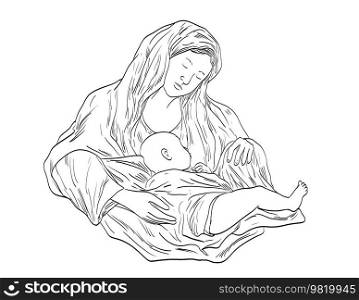 Line art drawing illustration of Madonna and the baby child Jesus done in medieval style on isolated background. . Madonna and the Baby Child Jesus Medieval Style Line Art Drawing 