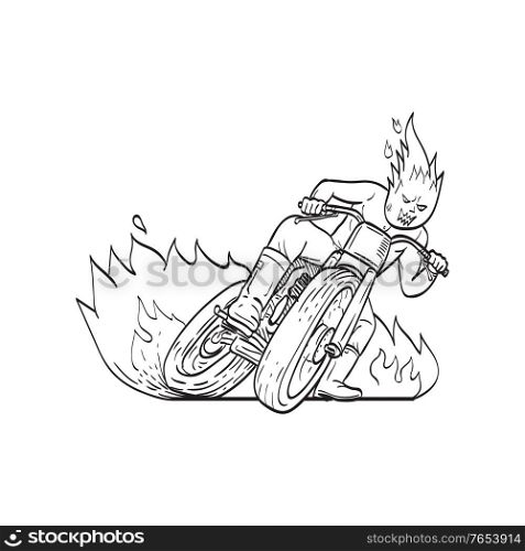 Line art drawing illustration of motorcycle driver with fireball head driving motorbike flat track racing, also known as dirt track racing, on fire and fiery done in monoline style black and white.. Motorcycle Driver with Fireball Head Driving Motorbike Flat Track Racing Line Art Drawing Black and White