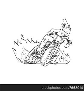 Line art drawing illustration of motorcycle driver with fireball head driving motorbike flat track racing, also known as dirt track racing, on fire and fiery done in monoline style black and white.. Motorcycle Driver with Fireball Head Driving Motorbike Flat Track Racing Line Art Drawing Black and White
