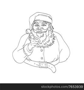 Line art drawing illustration of Santa Claus, Saint Nicholas, Saint Nick, Kris Kringle or Father Christmas pointing index finger at viewer saying I want you in monoline tattoo style black and white.. Santa Claus Saint Nicholas or Father Christmas Pointing Index Finger Saying I Want You Line Art Drawing