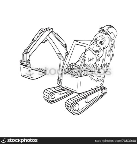 Line art drawing illustration of sasquatch or bigfoot, an ape-like creature in Canadian and American folklore, wearing hardhat driving a mechanical digger excavator in tattoo style black and white.. Sasquatch or Bigfoot Wearing Hardhat Driving a Mechanical Digger Excavator Line Art Drawing Illustration
