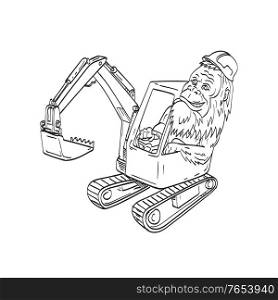Line art drawing illustration of sasquatch or bigfoot, an ape-like creature in Canadian and American folklore, wearing hardhat driving a mechanical digger excavator in tattoo style black and white.. Sasquatch or Bigfoot Wearing Hardhat Driving a Mechanical Digger Excavator Line Art Drawing Illustration