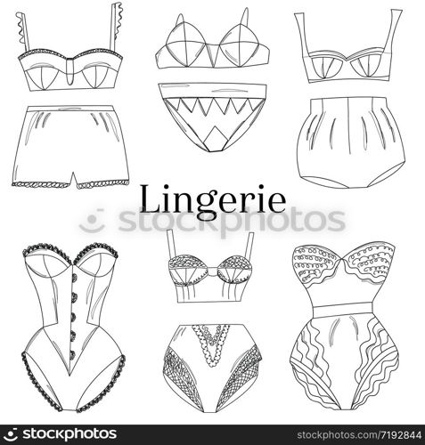 Line art female lingerie collection. Lace underwear set , panties, bras, knickers isolated on white background. Vector illustration.. Line art female lingerie collection.