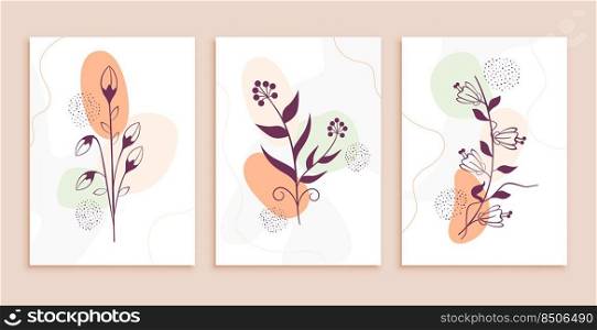 line art flowers and leaves abstract background set