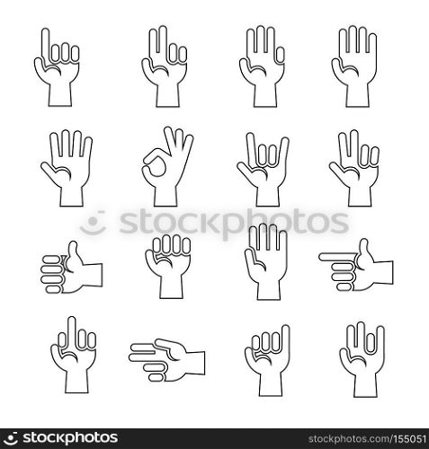 Line art hands gestures vector icons set in black and white illustration. Hands gestures vector icons set in black and white