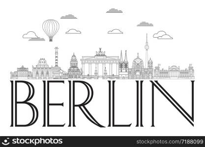 Line art illustration of landmarks of Berlin, Germany. Horizontal vector Berlin skyline illustration in black color isolated on white. Moscow vector icon. German tourism vector concept. Stock illustration.