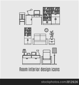 Line art room interior icons set. Vector illustration on white background. Line art room interior icons set