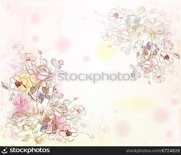 line art roses on the watercolor background