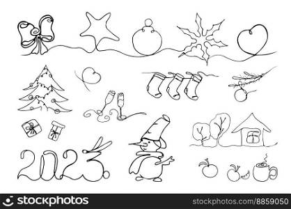 Line art set Christmas elements. Ball, bow, star, snowflake, heart, gifts, socks, glasses, snowman, house, trees, hot drink, tangerines. Vector illustration. Coloring, icons, sticker, print, covers.. Line art set Christmas elements. Ball star snowflake gifts snowman trees socks. Vector illustration