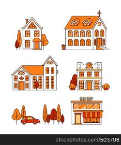 Line art, set of houses, church and shop, cityscape concept, town street with trees, estate collection, vector illustration. Line art, set of houses, church and shop, cityscape concept, vector