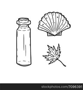 Line art set with bottle, seashell and leaf. Vector illustration. Line art set with bottle, seashell and leaf. Vector illustration.