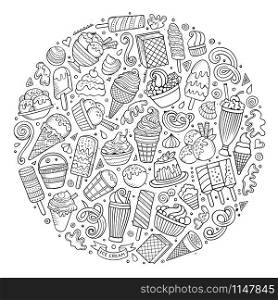 Line art sketchy vector hand drawn set of Ice Cream cartoon doodle objects, symbols and items. Round composition. Set of Ice Cream cartoon doodles objects