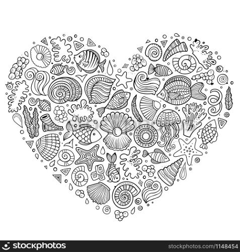 Line art sketchy vector hand drawn set of Underwater life cartoon doodle objects, symbols and items. Heart form composition. Line art sketchy vector set of Underwater life items