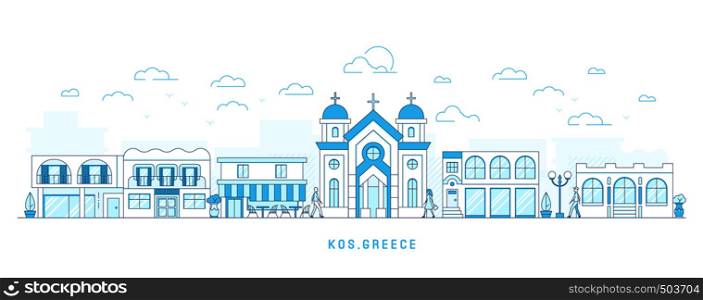 Line art style Kos Greece island, Kefalos cityscape, town street with houses and church, shops and cafe, trees and clouds, walking people, vector illustration. Line art style Kos Greece island, Kefalos cityscape, town street with houses and church, shops and cafe, trees and clouds, walking people, vector