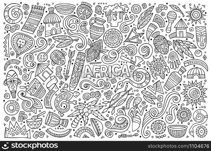 Line art vector hand drawn doodle cartoon set of Africa objects and symbols. Vector doodle cartoon set of Africa objects