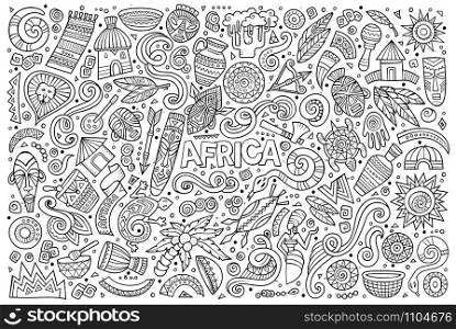 Line art vector hand drawn doodle cartoon set of Africa objects and symbols. Vector doodle cartoon set of Africa objects