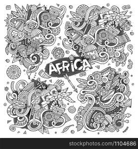 Line art vector hand drawn doodle cartoon set of Africa objects and symbols. Vector doodle cartoon set of Africa designs