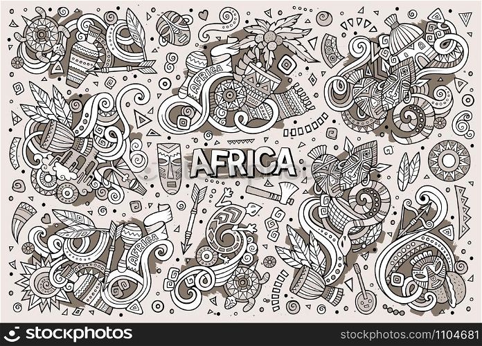 Line art vector hand drawn doodle cartoon set of Africa objects and symbols. Paper background. Vector doodle cartoon set of Africa designs