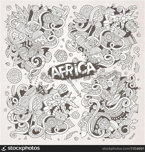 Line art vector hand drawn doodle cartoon set of Africa objects and symbols. Paper background. Vector doodle cartoon set of Africa designs