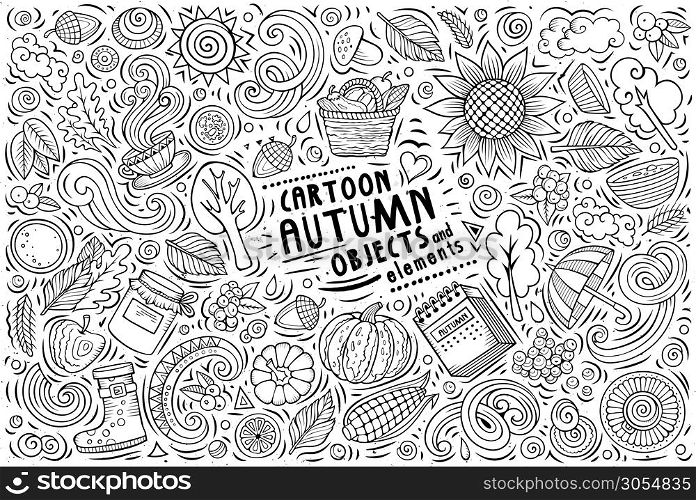 Line art vector hand drawn doodle cartoon set of Autumn theme items, objects and symbols. Vector doodle cartoon set of Autumn items, objects and symbols