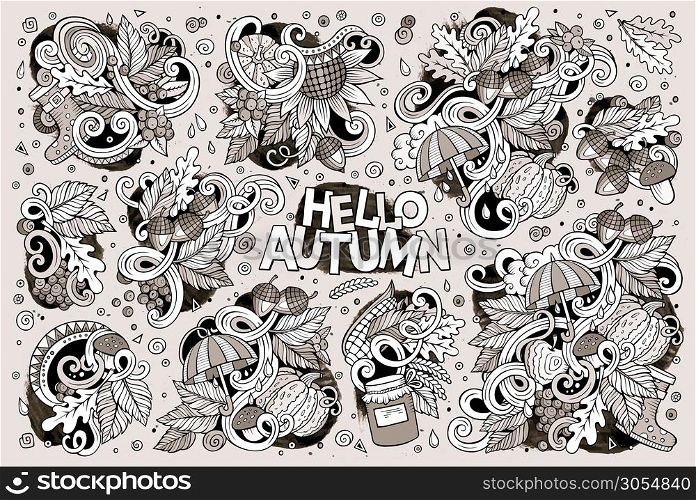 Line art vector hand drawn doodle cartoon set of Autumn theme items, objects and symbols. Set of Autumn theme items, objects and symbols