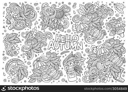 Line art vector hand drawn doodle cartoon set of Autumn theme items, objects and symbols. Set of Autumn theme items, objects and symbols