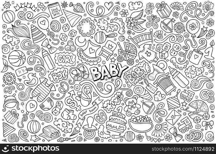 Line art vector hand drawn doodle cartoon set of Baby theme items, objects and symbols. Line art vector doodle cartoon set of Baby objects and symbols